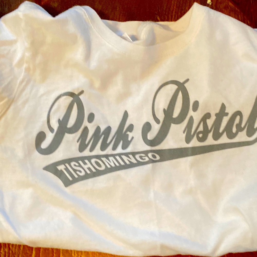 Pink Pistol,medium child’s white t shirt.